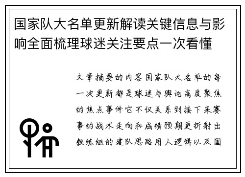 国家队大名单更新解读关键信息与影响全面梳理球迷关注要点一次看懂